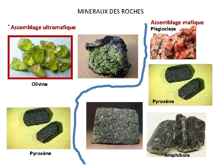 MINERAUX DES ROCHES . Assemblage ultramafique Assemblage mafique Plagioclase Olivine Pyroxène Amphibole 