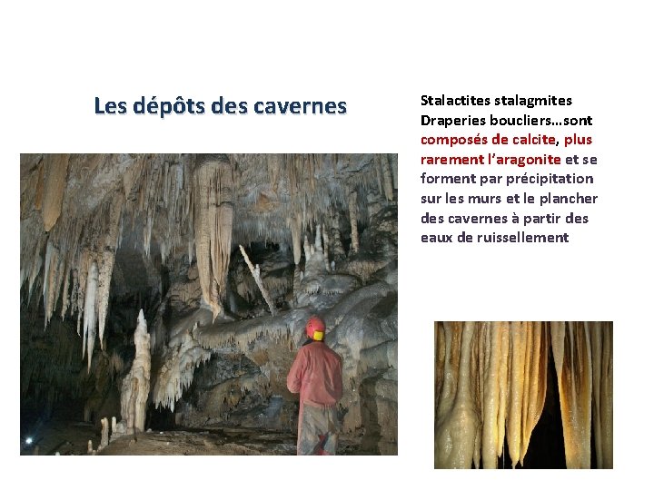 Les dépôts des cavernes Stalactites stalagmites Draperies boucliers…sont composés de calcite, plus rarement l’aragonite