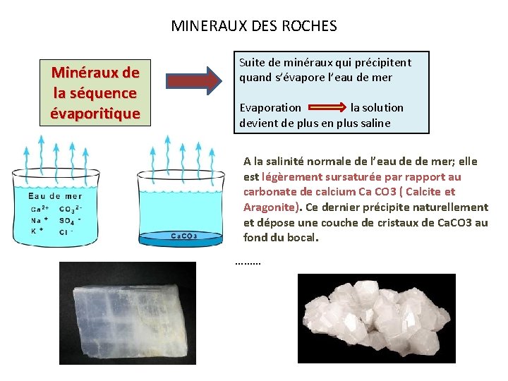 MINERAUX DES ROCHES Minéraux de la séquence évaporitique Suite de minéraux qui précipitent quand