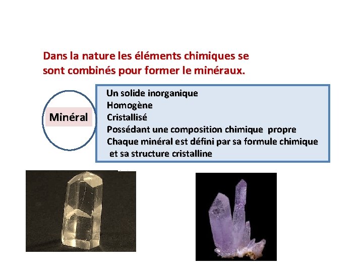 Dans la nature les éléments chimiques se sont combinés pour former le minéraux. Un