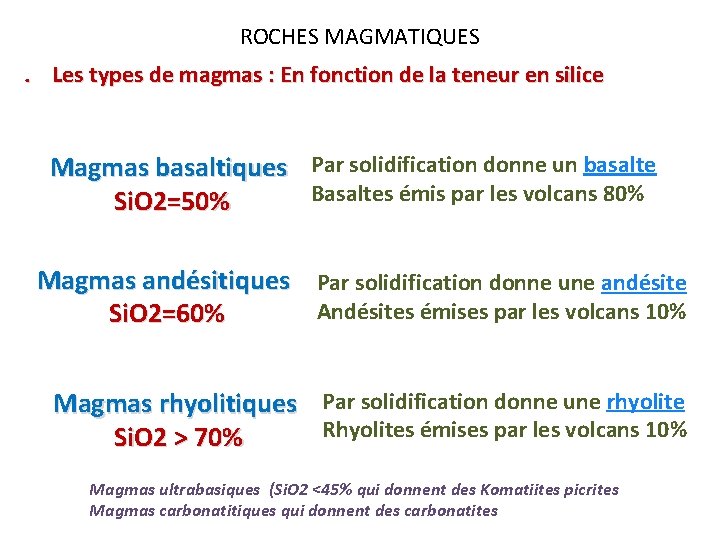 ROCHES MAGMATIQUES. Les types de magmas : En fonction de la teneur en silice