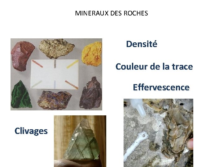 MINERAUX DES ROCHES Densité Couleur de la trace Effervescence Clivages 