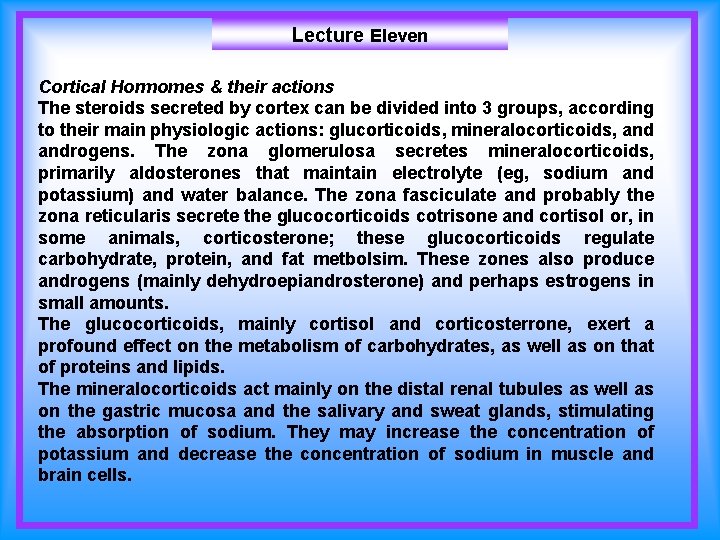 Lecture Eleven Cortical Hormomes & their actions The steroids secreted by cortex can be