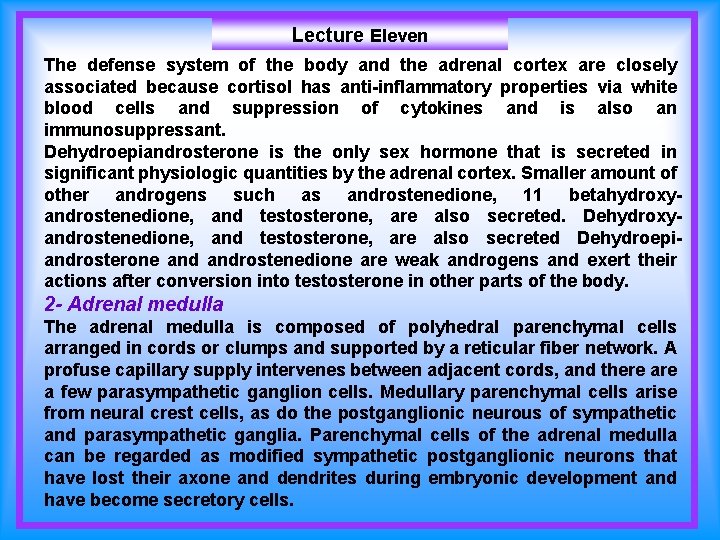 Lecture Eleven The defense system of the body and the adrenal cortex are closely