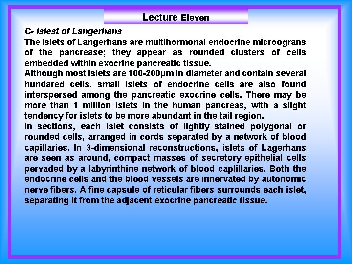 Lecture Eleven C- Islest of Langerhans The islets of Langerhans are multihormonal endocrine microograns