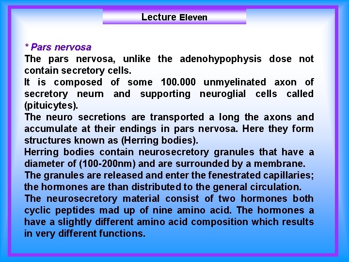 Lecture Eleven * Pars nervosa The pars nervosa, unlike the adenohypophysis dose not contain