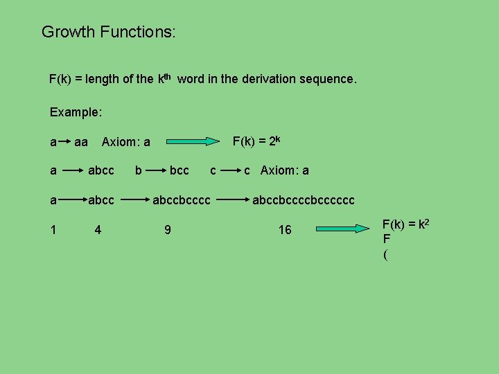 Growth Functions: F(k) = length of the kth word in the derivation sequence. Example: