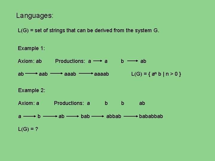 Languages: L(G) = set of strings that can be derived from the system G.