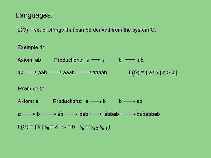 Languages: L(G) = set of strings that can be derived from the system G.