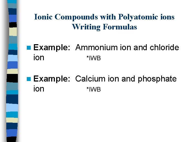 Ionic Compounds with Polyatomic ions Writing Formulas n Example: ion Ammonium ion and chloride