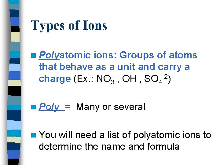 Types of Ions n Polyatomic ions: Groups of atoms that behave as a unit