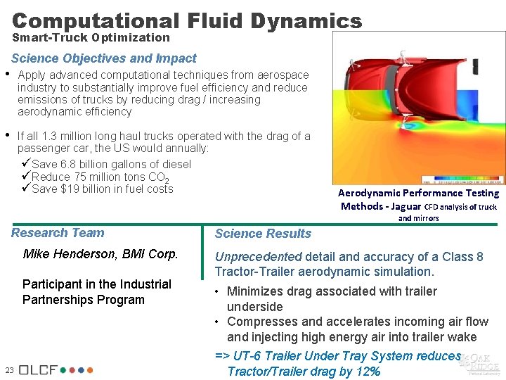 Computational Fluid Dynamics Smart-Truck Optimization Science Objectives and Impact • Apply advanced computational techniques