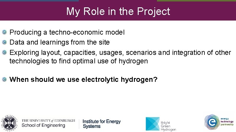 My Role in the Project Producing a techno-economic model Data and learnings from the
