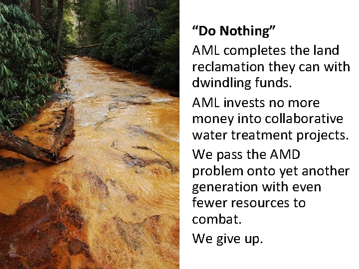 “Do Nothing” AML completes the land reclamation they can with dwindling funds. AML invests “Do Nothing” AML completes the land reclamation they can with dwindling funds. AML invests