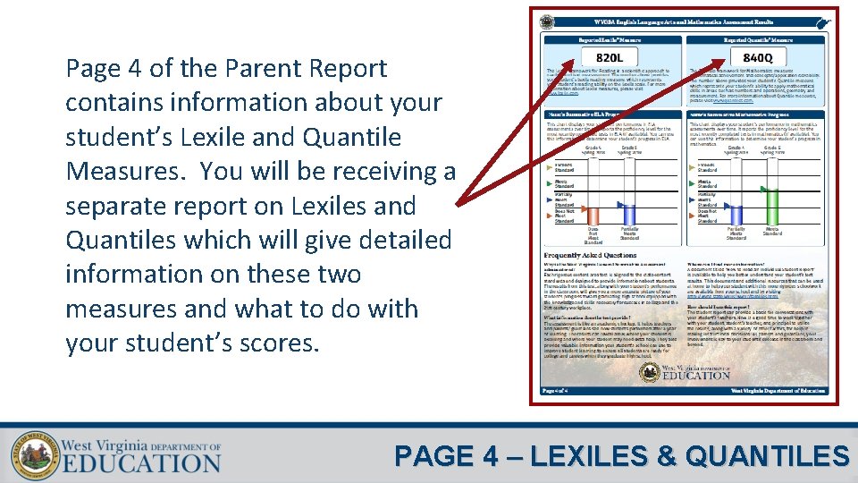 Page 4 of the Parent Report contains information about your student’s Lexile and Quantile