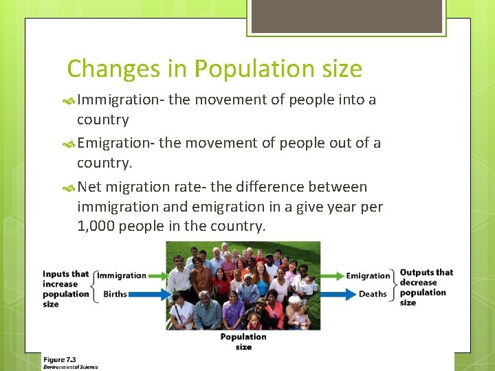 Changes in Population size Immigration- the movement of people into a country Emigration- the