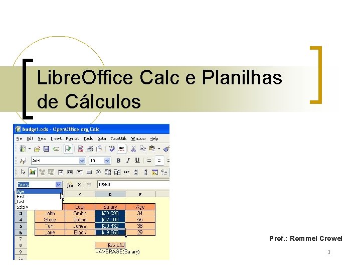 Libre. Office Calc e Planilhas de Cálculos Prof. : Rommel Crowel 1 