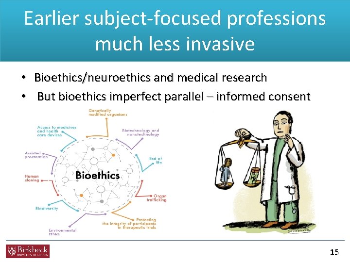 Earlier subject-focused professions much less invasive • Bioethics/neuroethics and medical research • But bioethics