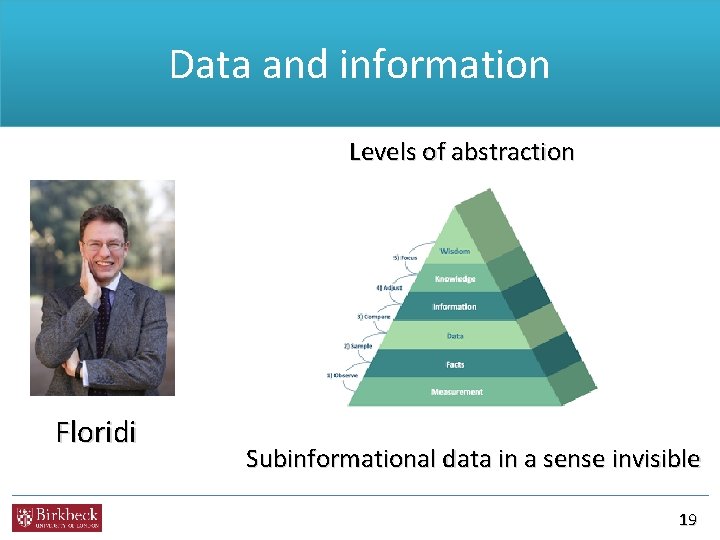 Data and information Levels of abstraction Floridi Subinformational data in a sense invisible 19