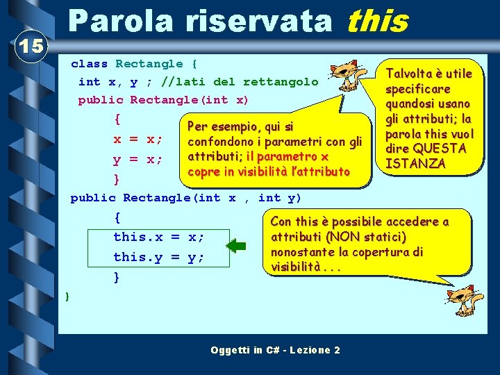 15 Parola riservata this class Rectangle { int x, y ; //lati del rettangolo
