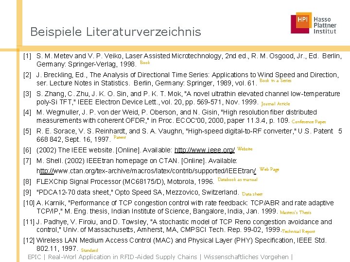 Beispiele Literaturverzeichnis [1] S. M. Metev and V. P. Veiko, Laser Assisted Microtechnology, 2