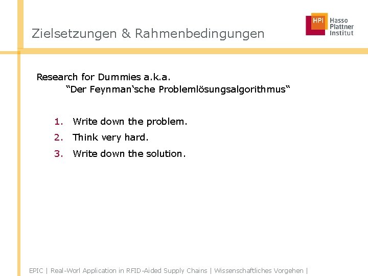 Zielsetzungen & Rahmenbedingungen Research for Dummies a. k. a. “Der Feynman‘sche Problemlösungsalgorithmus“ 1. Write