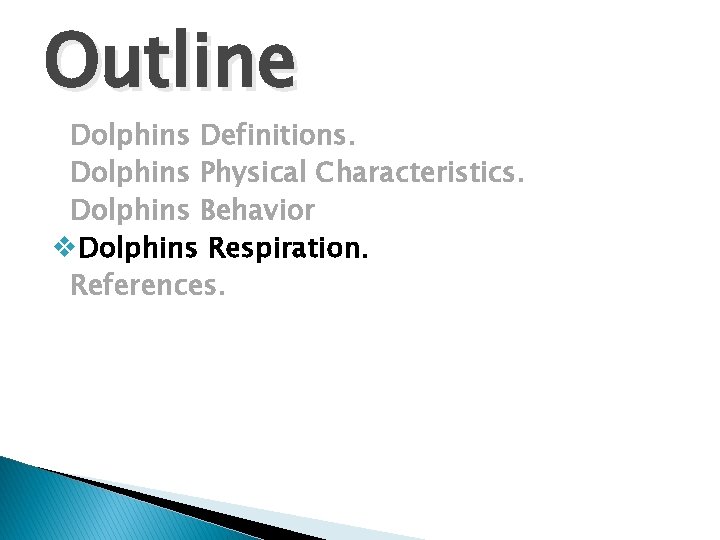 Outline Dolphins Definitions. Dolphins Physical Characteristics. Dolphins Behavior v. Dolphins Respiration. References. 