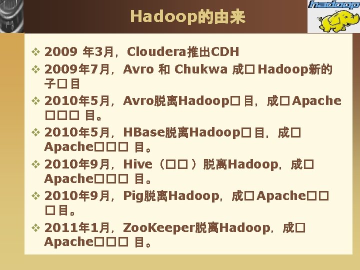 Hadoop的由来 v 2009 年 3月，Cloudera推出CDH v 2009年 7月，Avro 和 Chukwa 成� Hadoop新的 子� 目