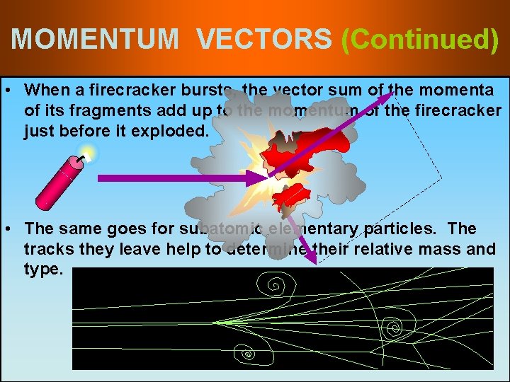 MOMENTUM VECTORS (Continued) • When a firecracker bursts, the vector sum of the momenta