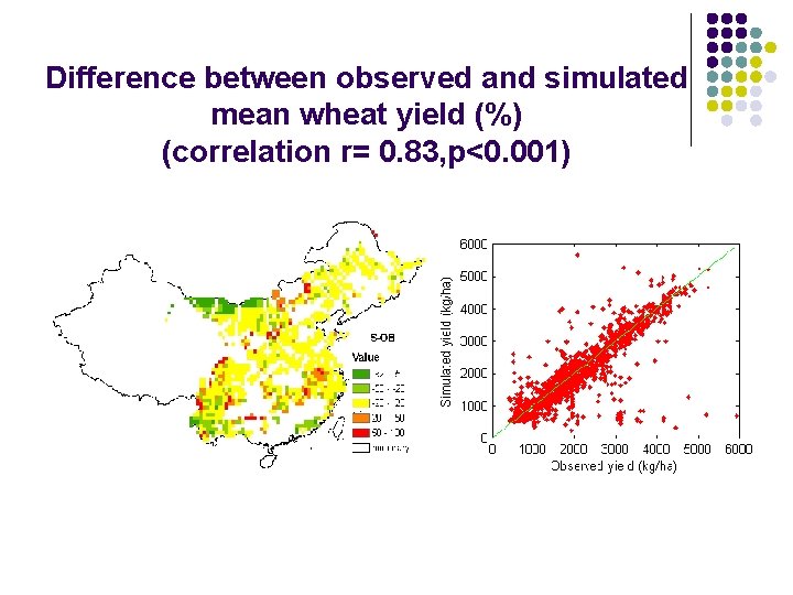 Difference between observed and simulated mean wheat yield (%) (correlation r= 0. 83, p<0.