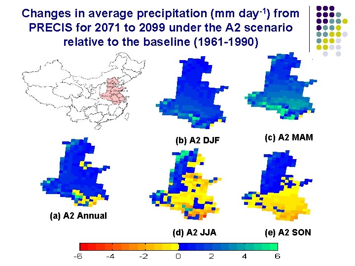 Changes in average precipitation (mm day-1) from PRECIS for 2071 to 2099 under the