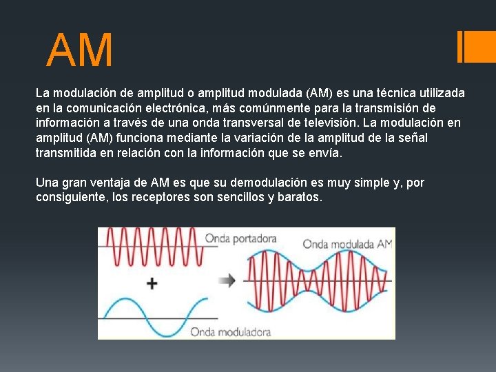 AM La modulación de amplitud o amplitud modulada (AM) es una técnica utilizada en