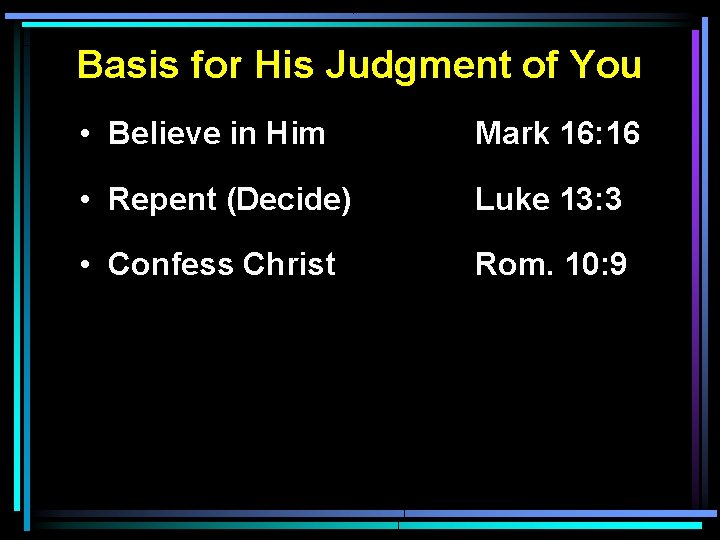 Basis for His Judgment of You • Believe in Him Mark 16: 16 • Basis for His Judgment of You • Believe in Him Mark 16: 16 •