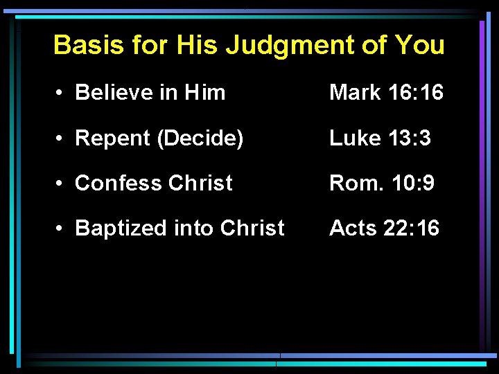 Basis for His Judgment of You • Believe in Him Mark 16: 16 • Basis for His Judgment of You • Believe in Him Mark 16: 16 •