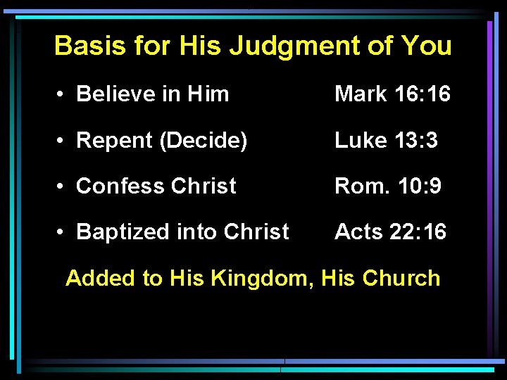 Basis for His Judgment of You • Believe in Him Mark 16: 16 • Basis for His Judgment of You • Believe in Him Mark 16: 16 •