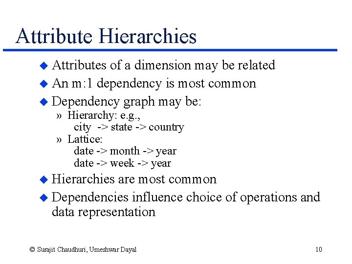 Attribute Hierarchies u Attributes of a dimension may be related u An m: 1