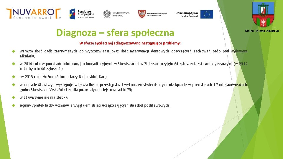 Diagnoza – sfera społeczna Gmina i Miasto Stawiszyn W sferze społecznej zdiagnozowano następujące problemy:
