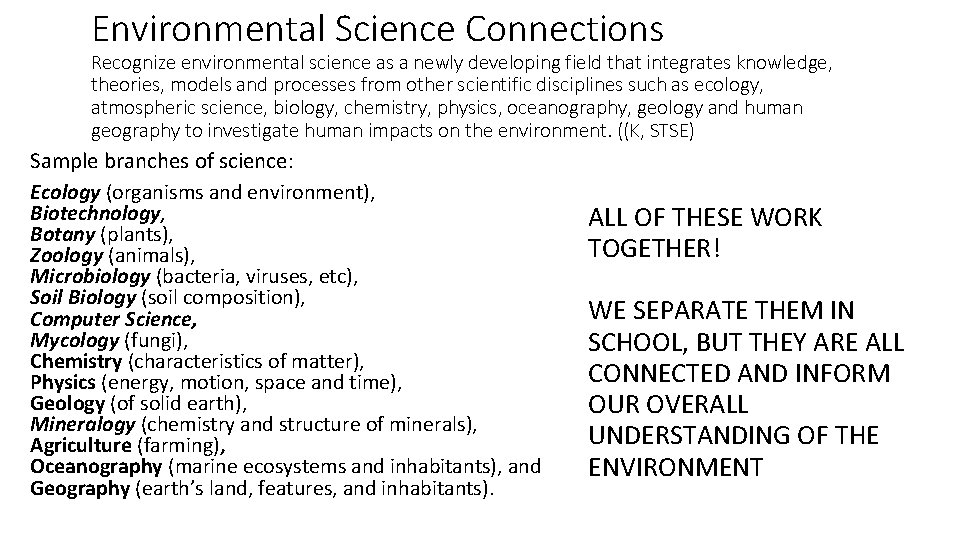 Environmental Science Connections Recognize environmental science as a newly developing field that integrates knowledge,