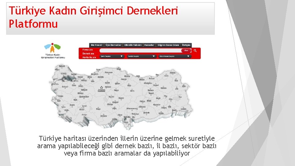 Türkiye Kadın Girişimci Dernekleri Platformu Türkiye haritası üzerinden illerin üzerine gelmek suretiyle arama yapılabileceği