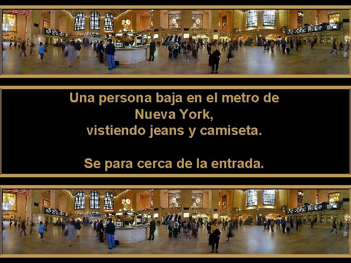 Una persona baja en el metro de Nueva York, vistiendo jeans y camiseta. Se