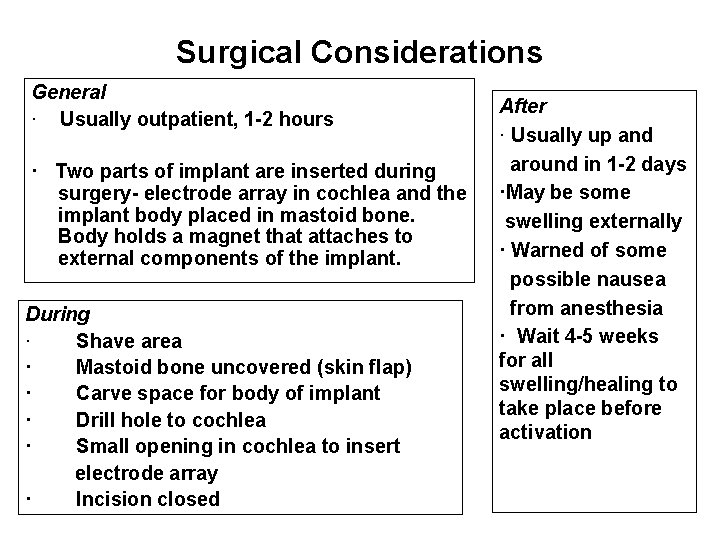Surgical Considerations General · Usually outpatient, 1 -2 hours · Two parts of implant