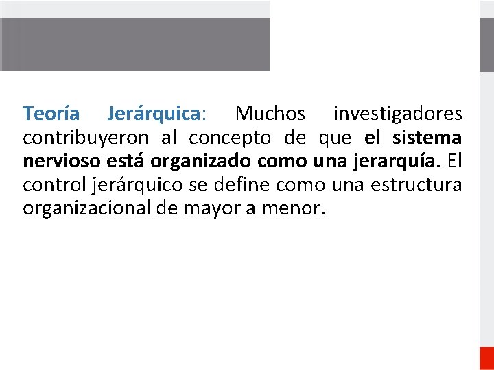 Teoría Jerárquica: Muchos investigadores contribuyeron al concepto de que el sistema nervioso está organizado Teoría Jerárquica: Muchos investigadores contribuyeron al concepto de que el sistema nervioso está organizado