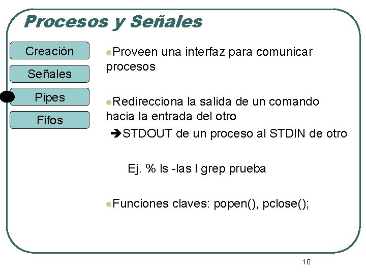 Procesos y Señales Creación Señales Pipes Fifos l. Proveen una interfaz para comunicar procesos