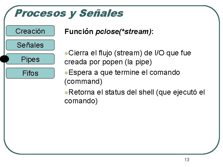 Procesos y Señales Creación Señales Pipes Fifos Función pclose(*stream): l. Cierra el flujo (stream)