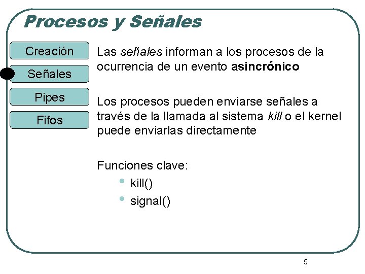 Procesos y Señales Creación Señales Pipes Fifos Las señales informan a los procesos de