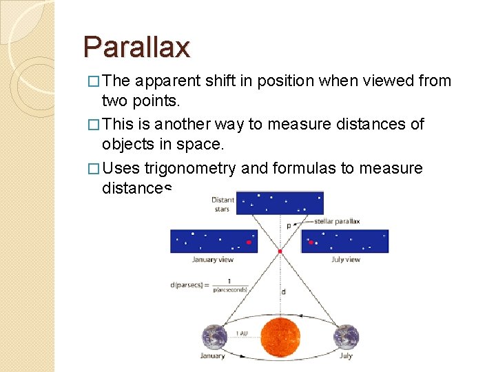 Parallax � The apparent shift in position when viewed from two points. � This