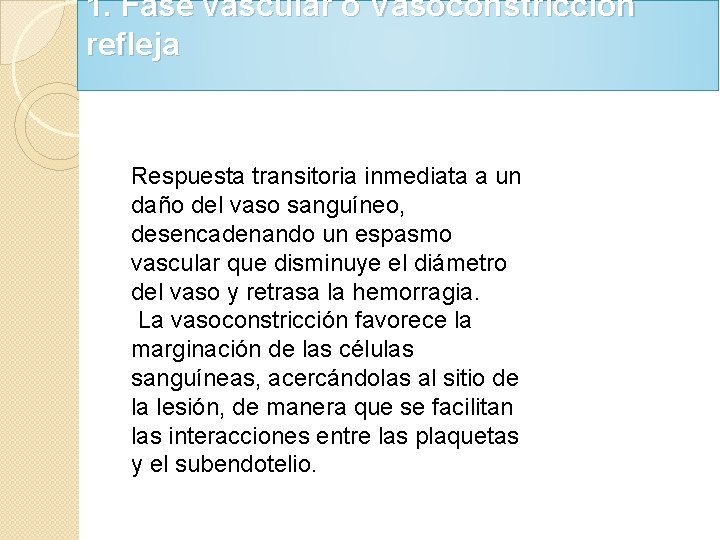 1. Fase vascular o Vasoconstricción refleja Respuesta transitoria inmediata a un daño del vaso 1. Fase vascular o Vasoconstricción refleja Respuesta transitoria inmediata a un daño del vaso