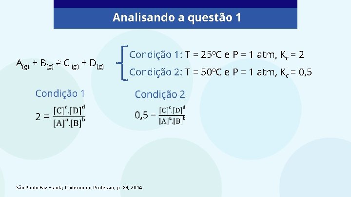 Analisando a questão 1 A(g) + B(g) ⇌ C (g) + D(g) Condição 1: