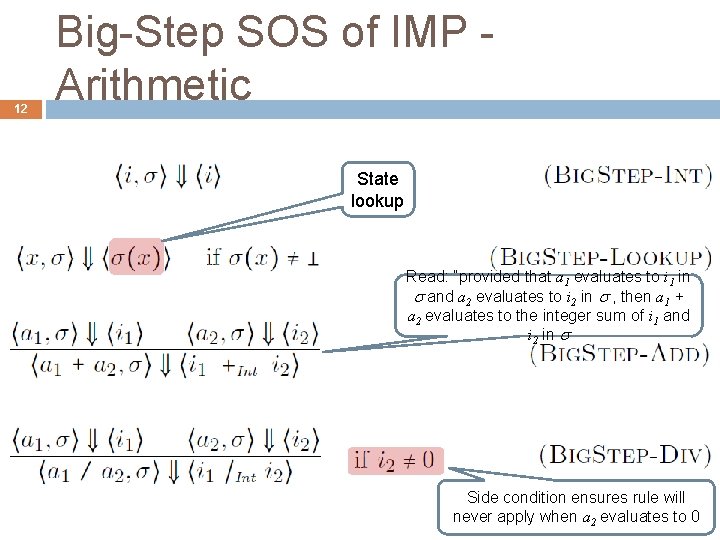 12 Big-Step SOS of IMP Arithmetic State lookup Read: “provided that a 1 evaluates