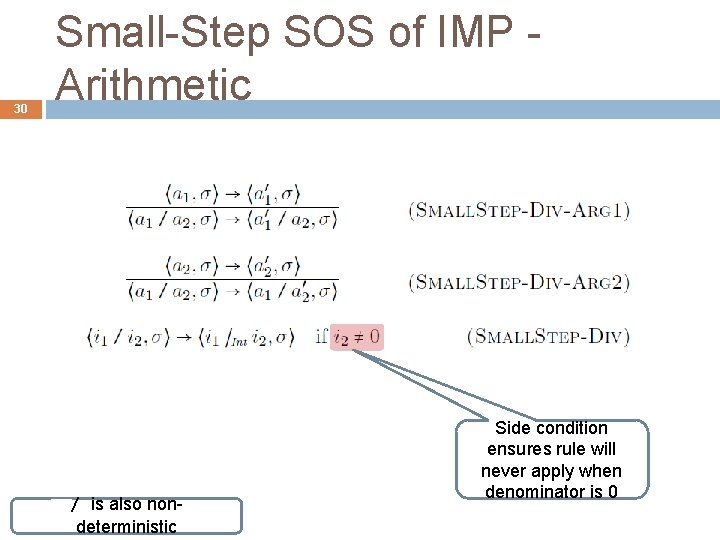 30 Small-Step SOS of IMP Arithmetic / is also nondeterministic Side condition ensures rule